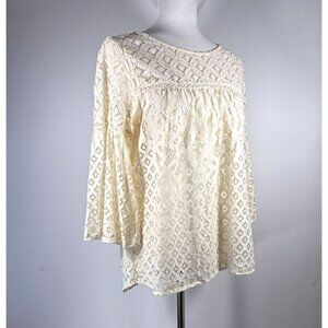 db Dressbarn Cream Lace Bell Sleeve Blouse/Top Size‎ L Boho Romantic HI-Lo